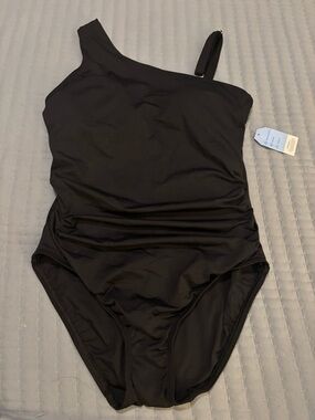 Lands End One-Shoulder Black Ruched One-Piece Swimsuit Removable Strap NET New 8